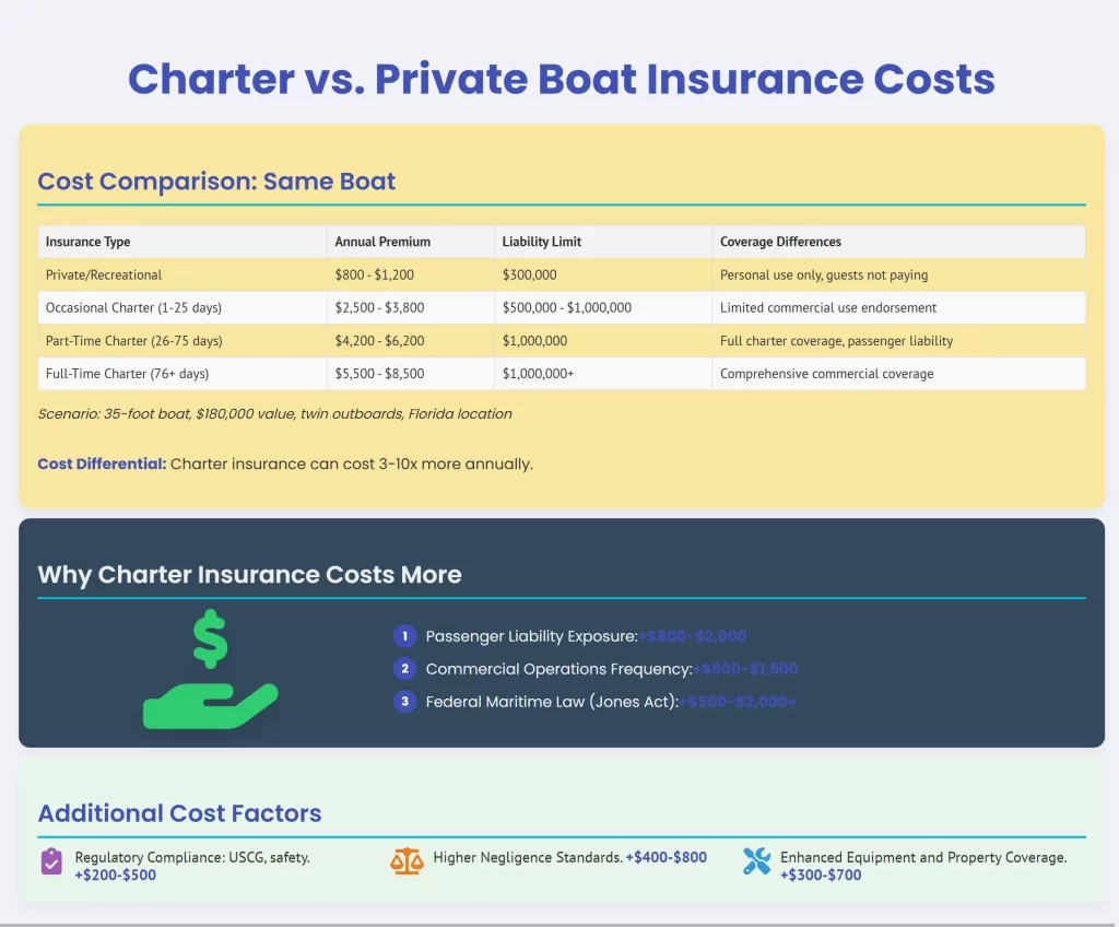 infographic showing the difference between charter and private boat insurance difference