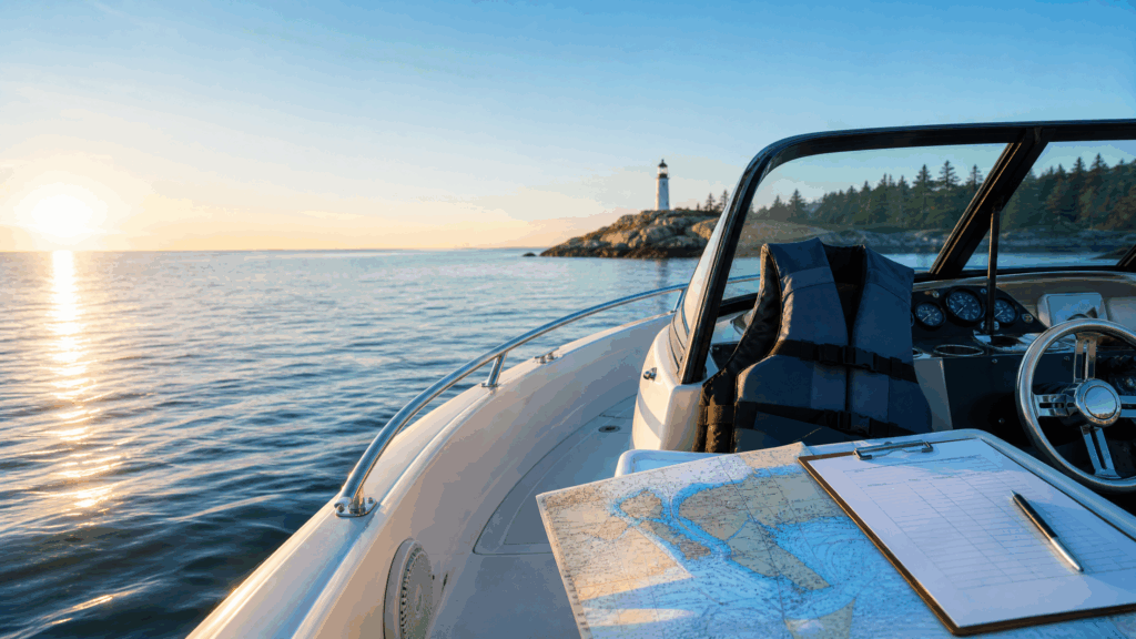 Recreational boat with a survey clipboard, navigation chart, and life jacket on calm water