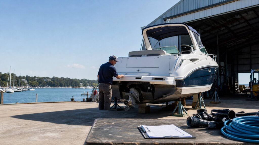 Boat repair yard with a technician inspecting a recreational boat