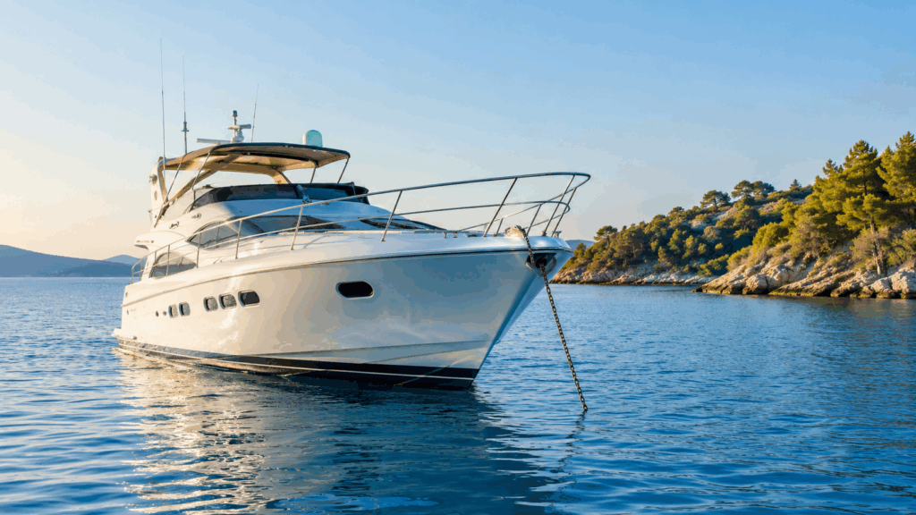 White yacht anchored in calm blue water, illustrating anchor monitoring and yacht insurance