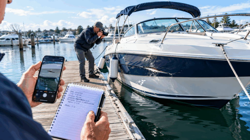 Boat owner photographing hull damage and writing inspection notes at a marina after a boating incident