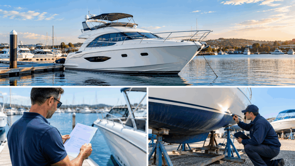 Yacht moored in a marina alongside a boat owner reviewing documents and a technician inspecting a hull